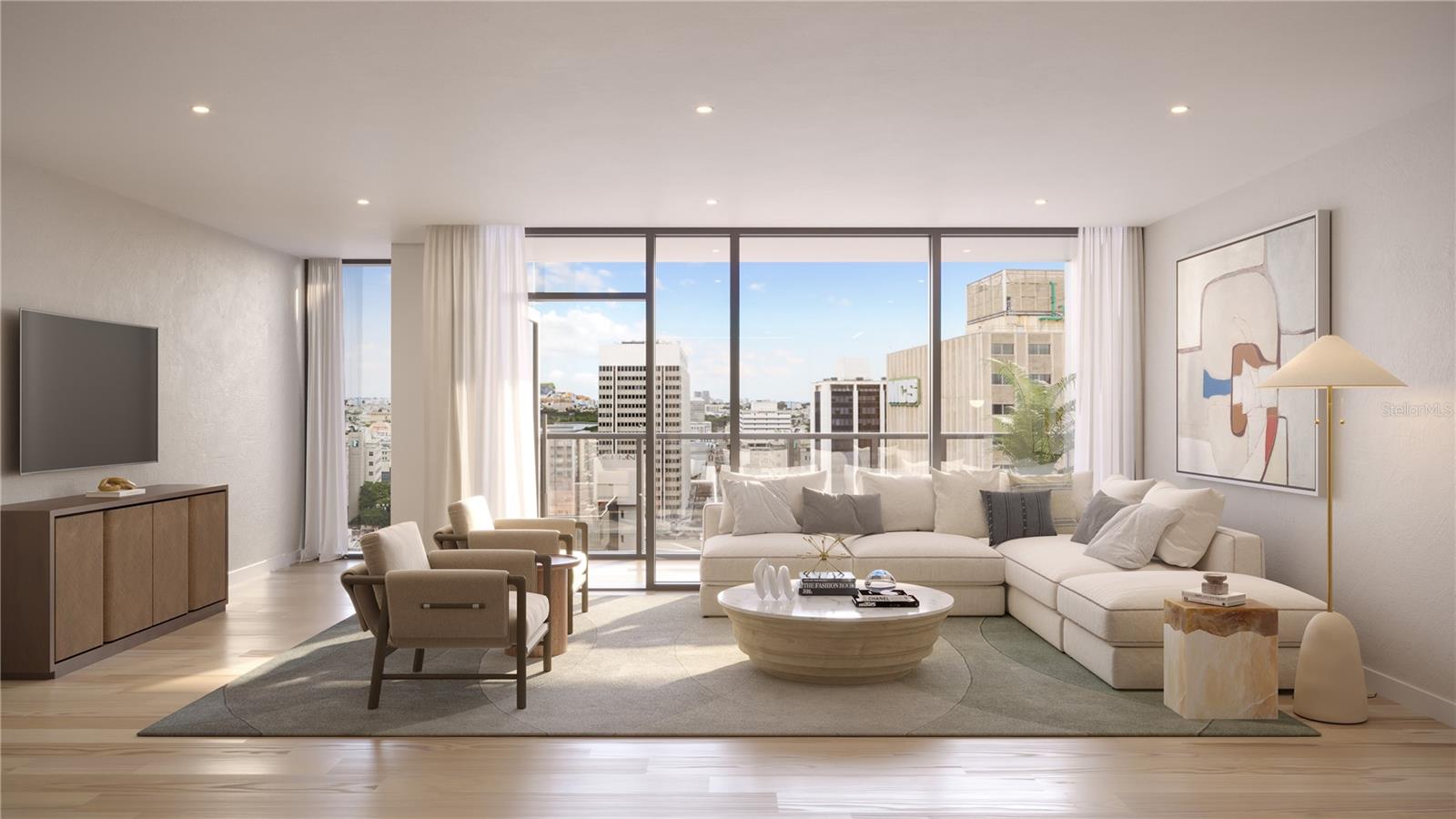Architectural rendering of a living room at ORO Residences in Hato Rey, San Juan