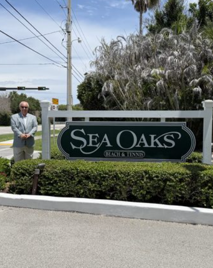 J. Vance Brinkerhoff at the Sea Oaks Beach and Tennis Club entrance, Vero Beach