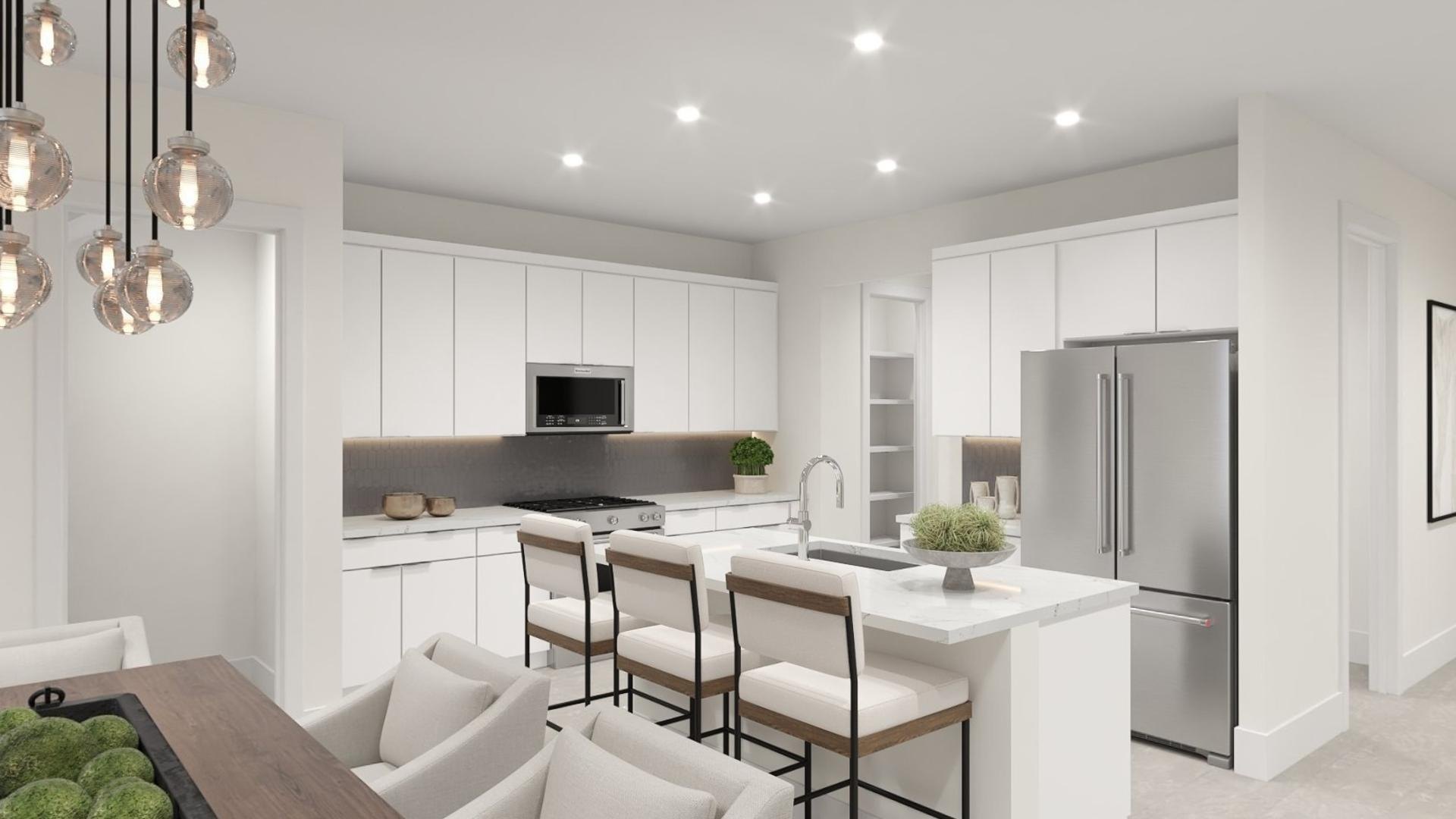 Toll Brothers rendering of the Hines plan kitchen at Summercrest, white cabinets, glass pendant lights and an island with three upholstered stools