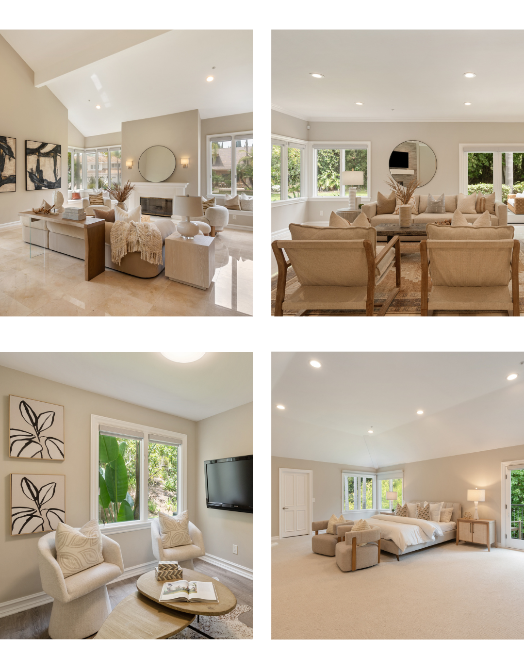 Staged living rooms and bedroom with neutral furnishings, large windows, and a fireplace.