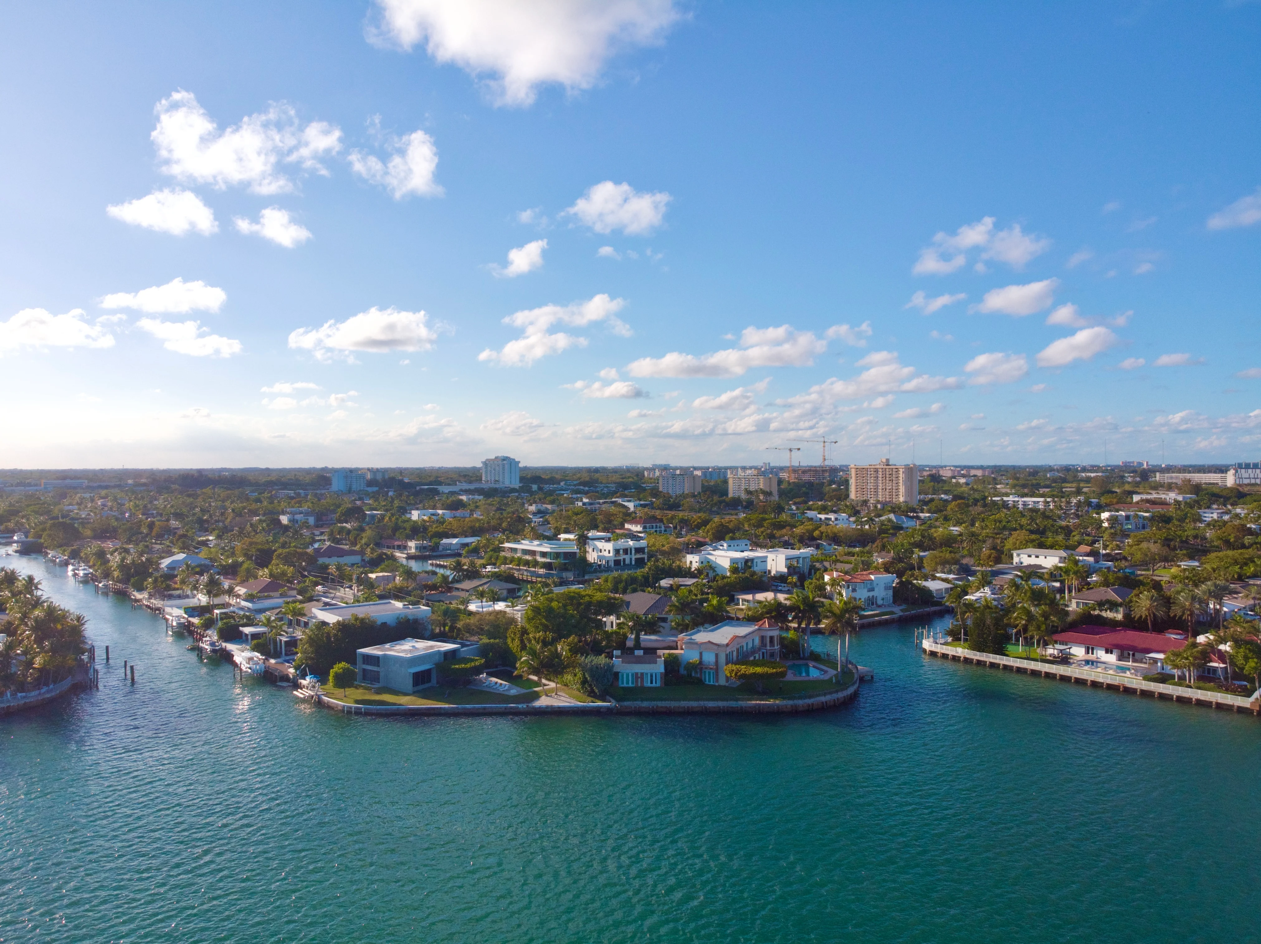 Aerial view of Keystone Islands 2 and 3 in North Miami showcasing deep-water residential canals and waterfront estates with direct bay access