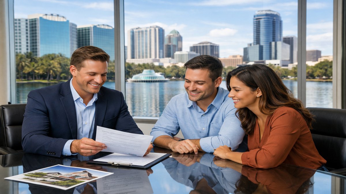 Real estate agent reviewing property documents with clients in an Orlando office