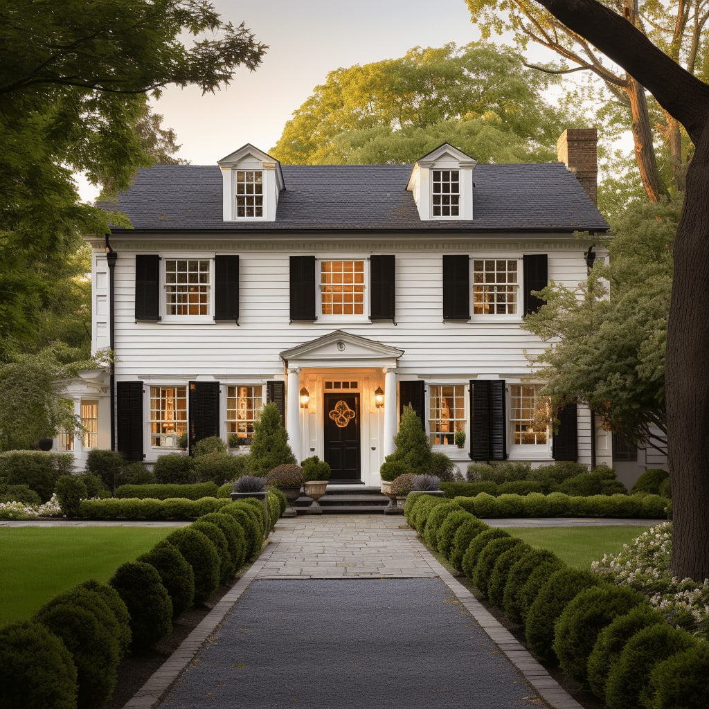 A large white two-story house with black shutters and a black roof