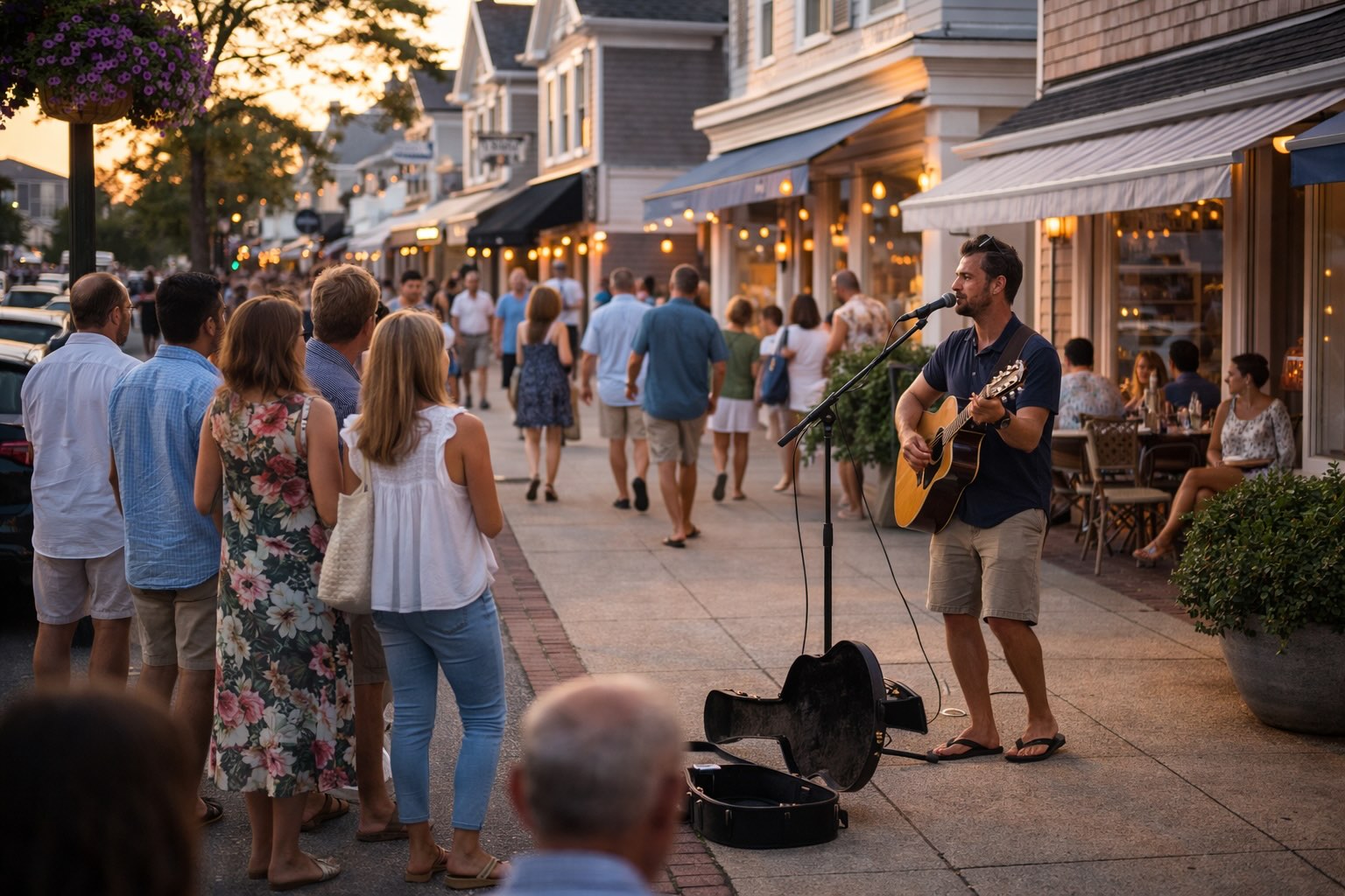 musician playing guitar on Main Street in Westhampton Beach