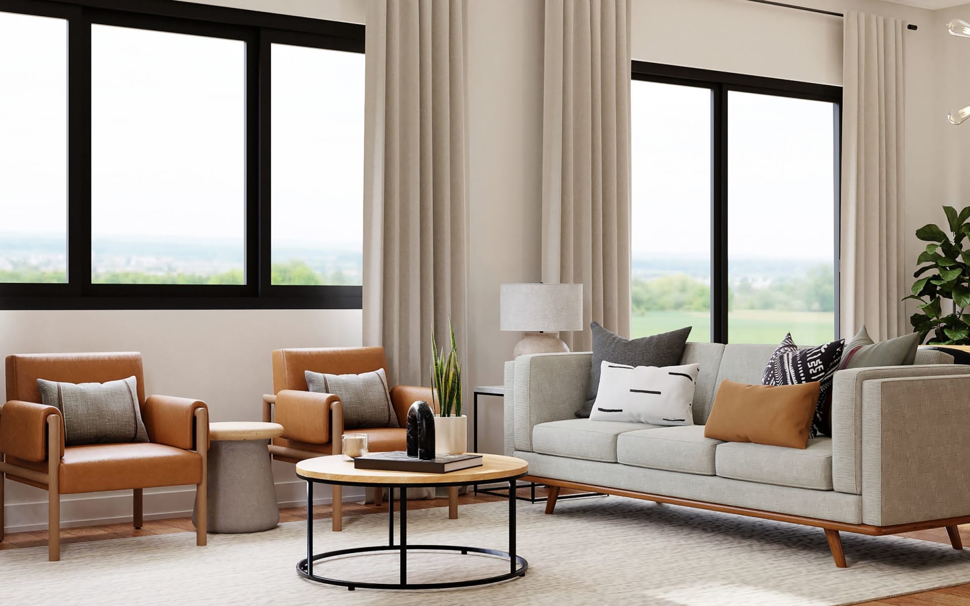 A stylish and modern living room featuring a light gray sofa with various throw pillows in neutral tones.