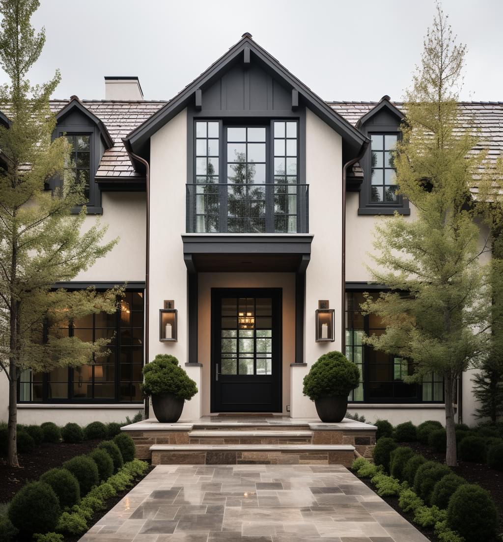 A two-story house with a white stucco exterior and a black roof