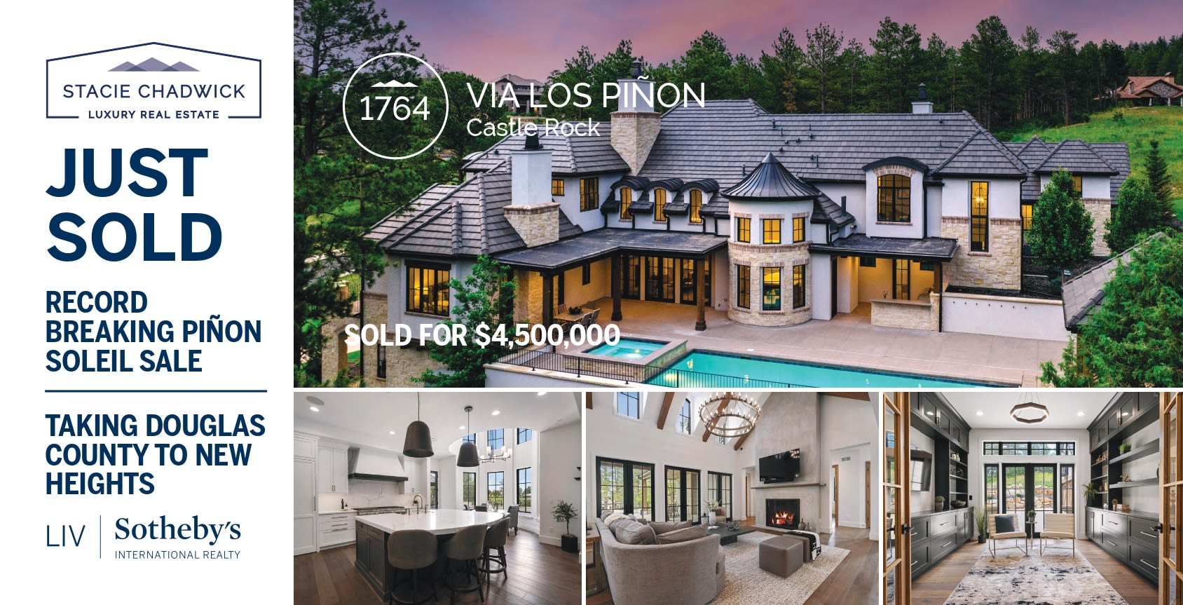 Just-sold flyer for a Castle Rock luxury home, featuring its dusk exterior, pool, kitchen, living room, and study.