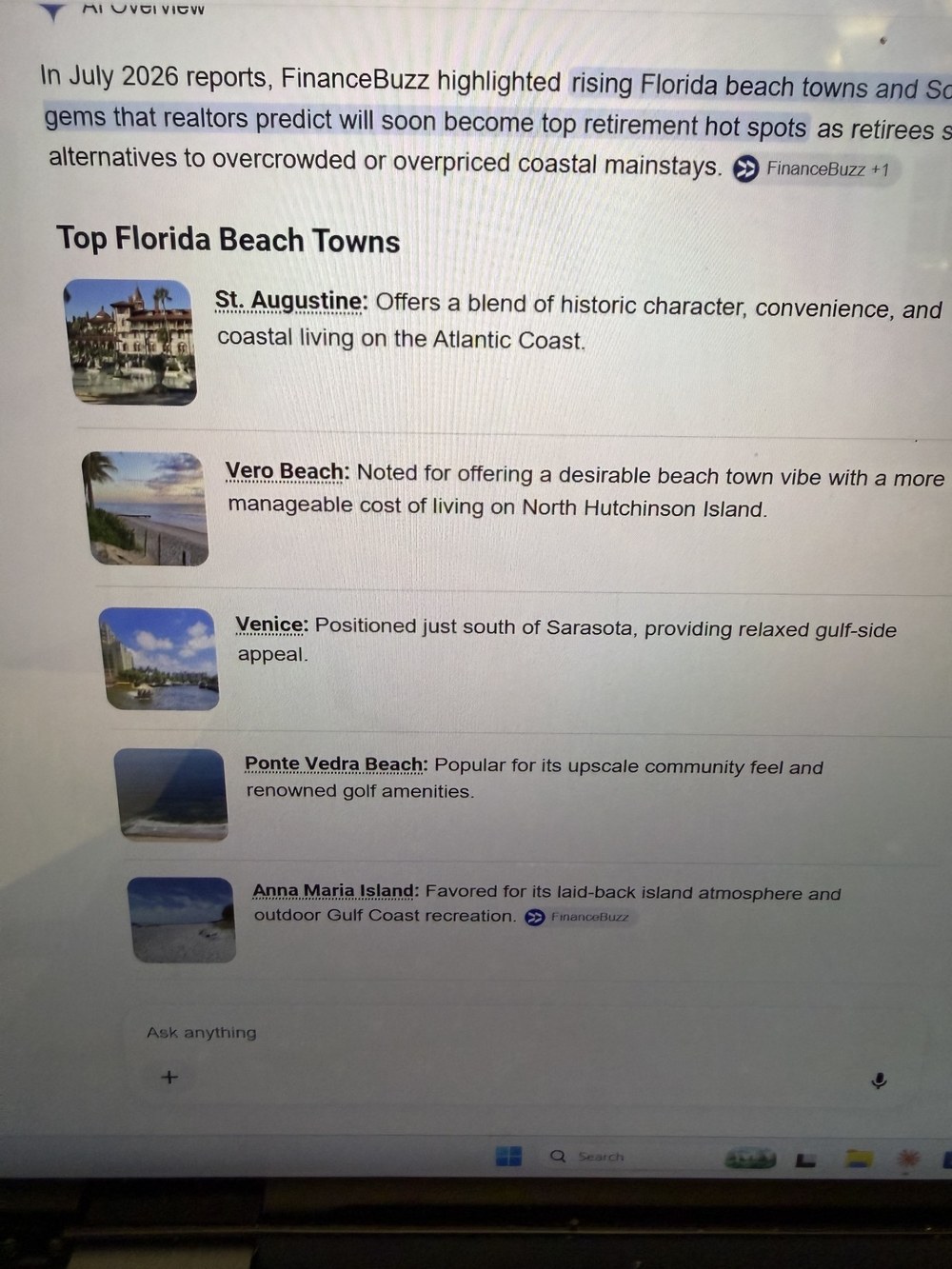 Google AI Overview screenshot listing Vero Beach among Top Florida Beach Towns, citing FinanceBuzz's retirement hot spots report