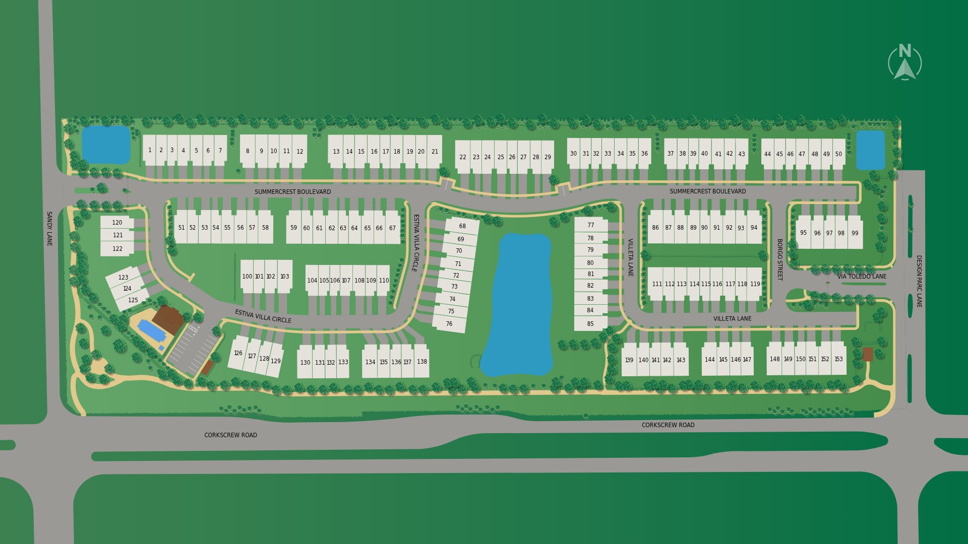 Toll Brothers site plan of Summercrest in Estero showing lots 1 through 153, the central lake, the amenity center at the southwest, Summercrest Boulevard, Estiva Villa Circle and Villeta Lane, with Corkscrew Road along the south and Sandy Lane on the west