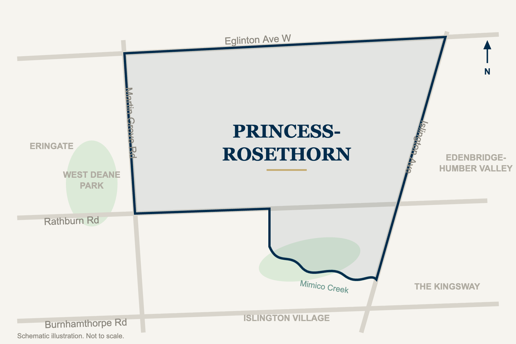 Schematic map of the Princess-Rosethorn neighbourhood in Etobicoke, bounded by Eglinton Avenue West, Islington Avenue, Rathburn Road, Mimico Creek, and Martin Grove Road