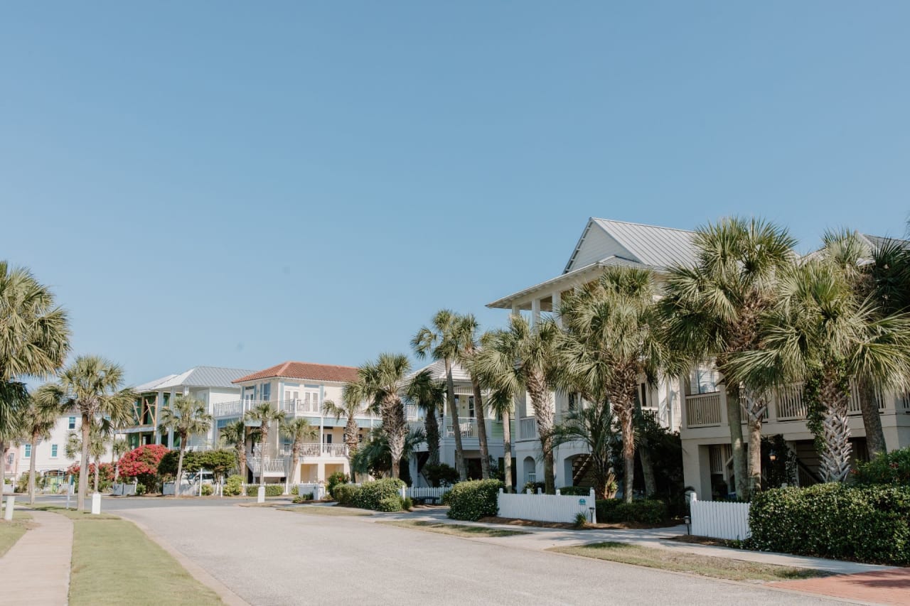 Palm-lined street with pastel-colored houses and lush greenery evokes a tropical paradise