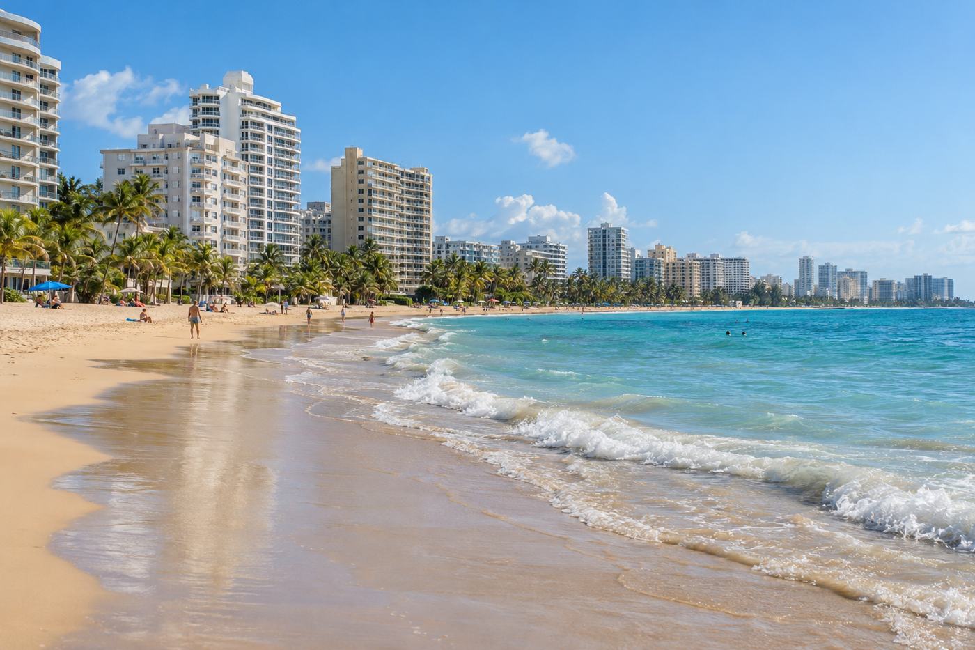 AI-generated Isla Verde Beach illustration inspired by the shoreline and condominium towers in Carolina, Puerto Rico.