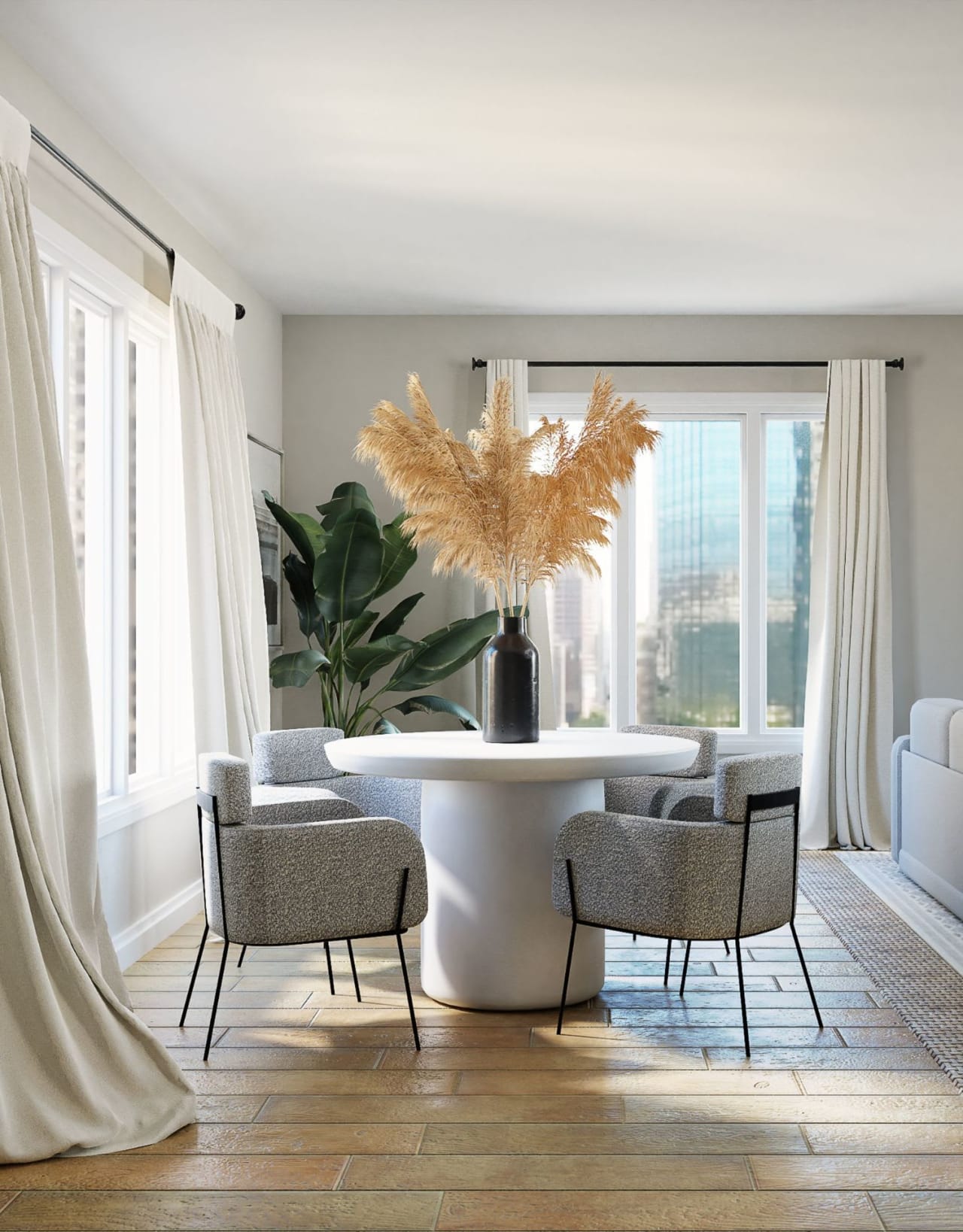 Modern living room with grey and white dining set, large windows, white curtains, and wooden floors for a relaxing vibe.