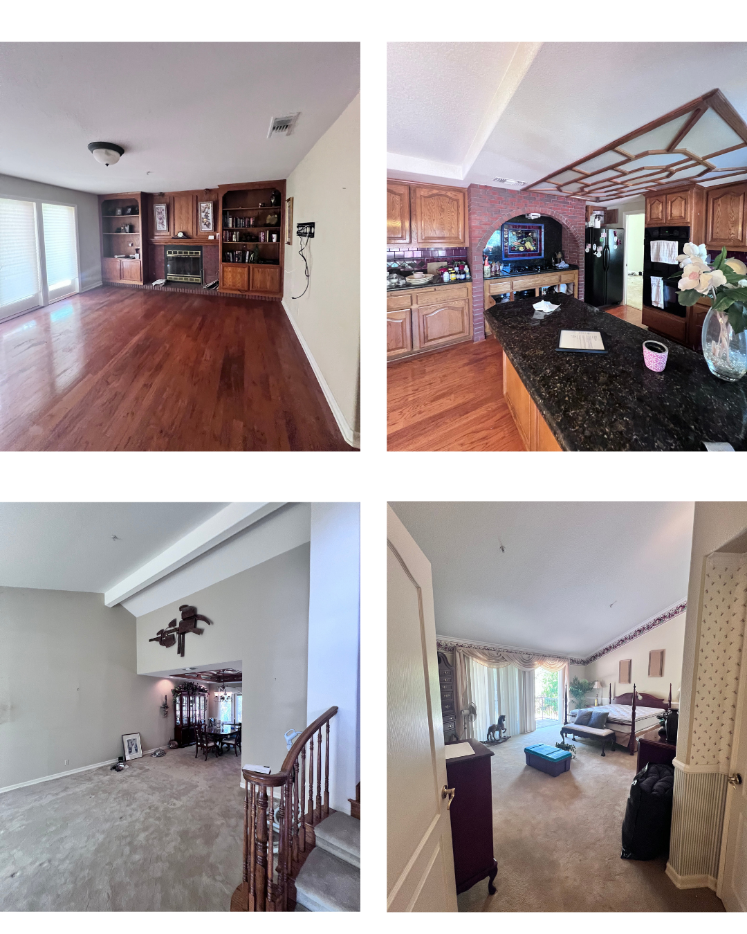 Four home interiors: a living room, kitchen, foyer and dining area, and furnished bedroom.