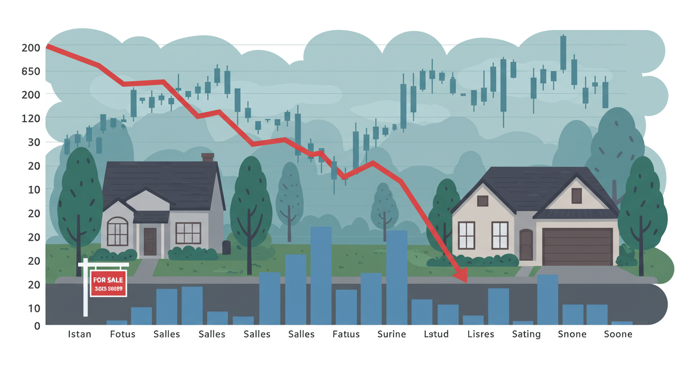 Illustrated real estate chart with a descending red line, blue bars, and houses.
