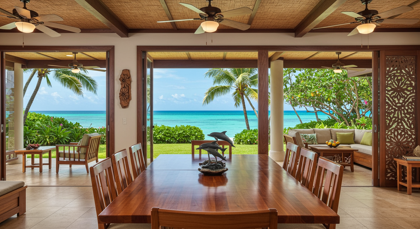 panoramic ocean views from living and dining area