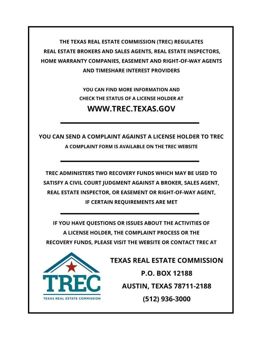 Texas Real Estate Commission notice with license lookup, complaint instructions, recovery fund information, website, address, and phone number.