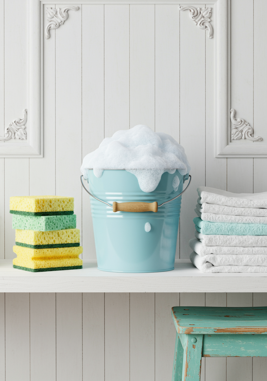 Pale blue bucket with suds