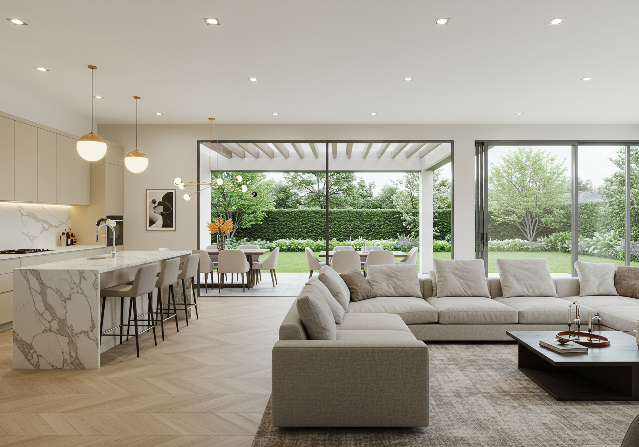 Open Concept Living Room And Kitchen With Wall Of Windows Opening To Backyard