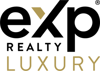 eXp Realty Luxury logo with black and gold text on a light gray background.