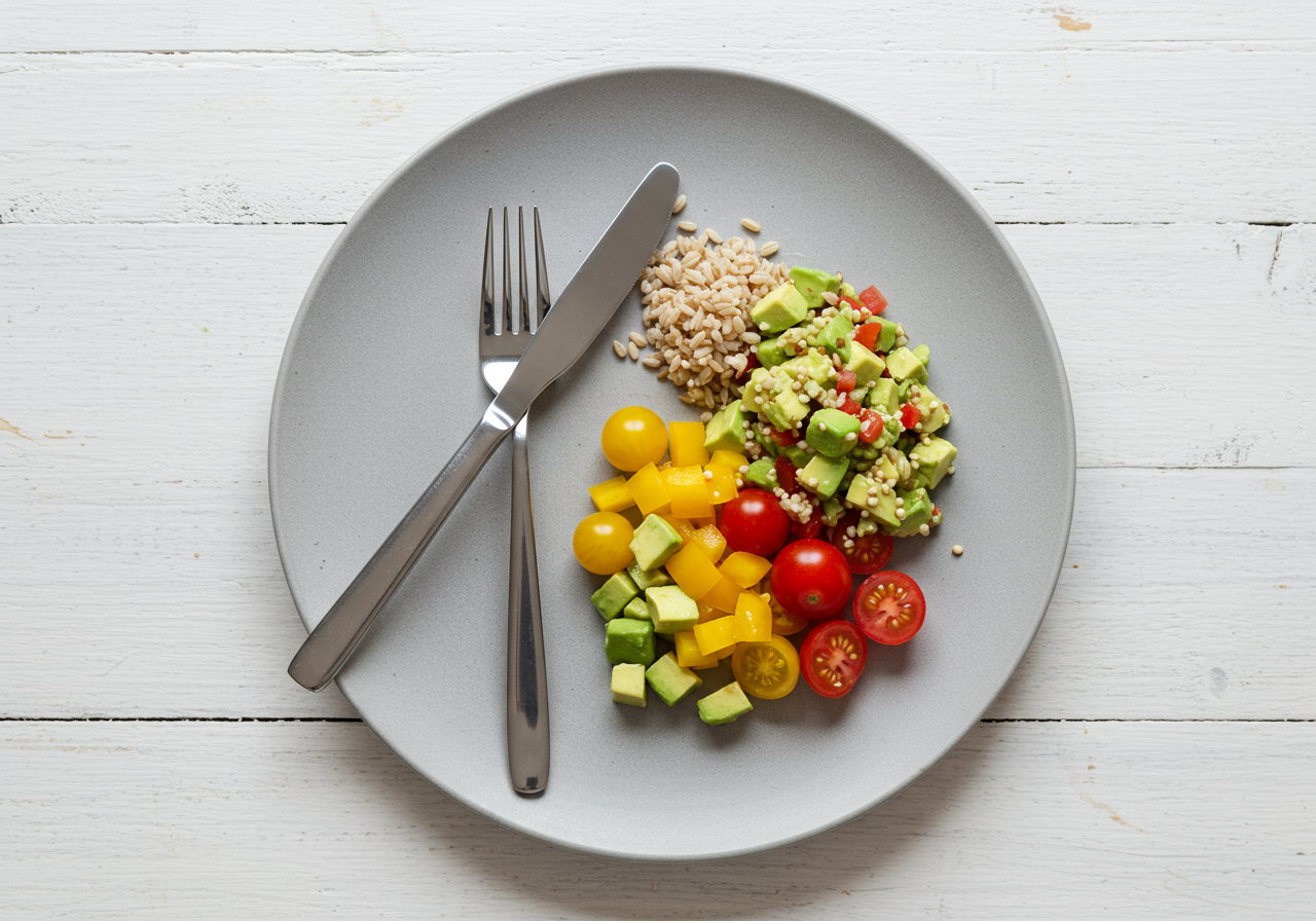 Bulgar salad on round plate, symbol for intermittent fasting.