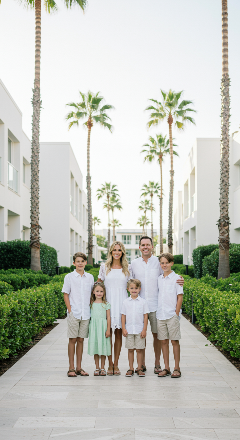 Family posing together outside.