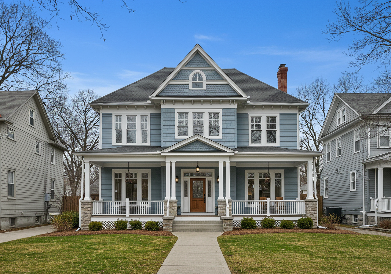 Large, two-story blue and white house with a front porch.