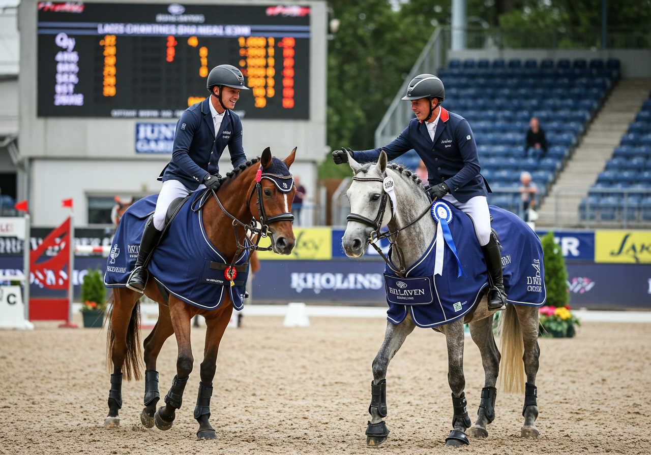 2 equestrians giving each other a fist bump from horseback at the Hampton Classic Horse Show