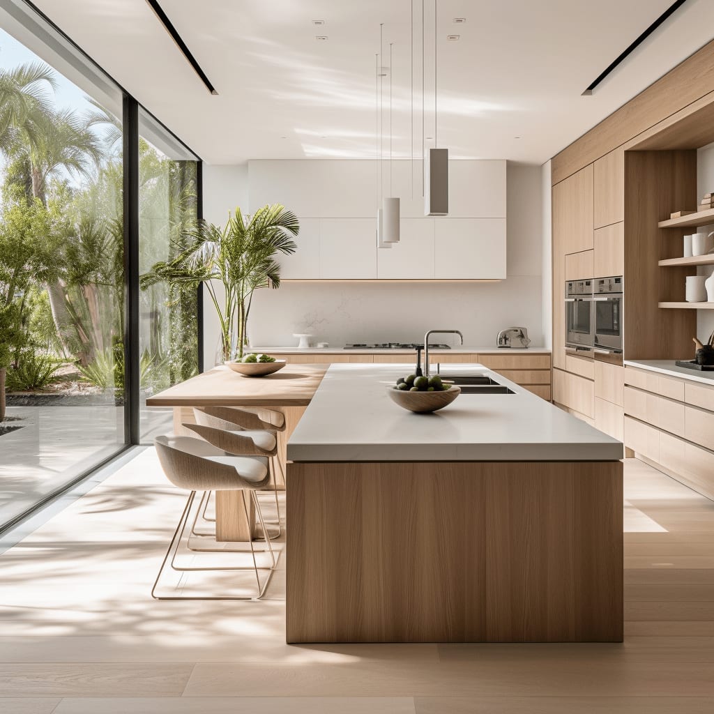 A modern kitchen with a large island in the center.