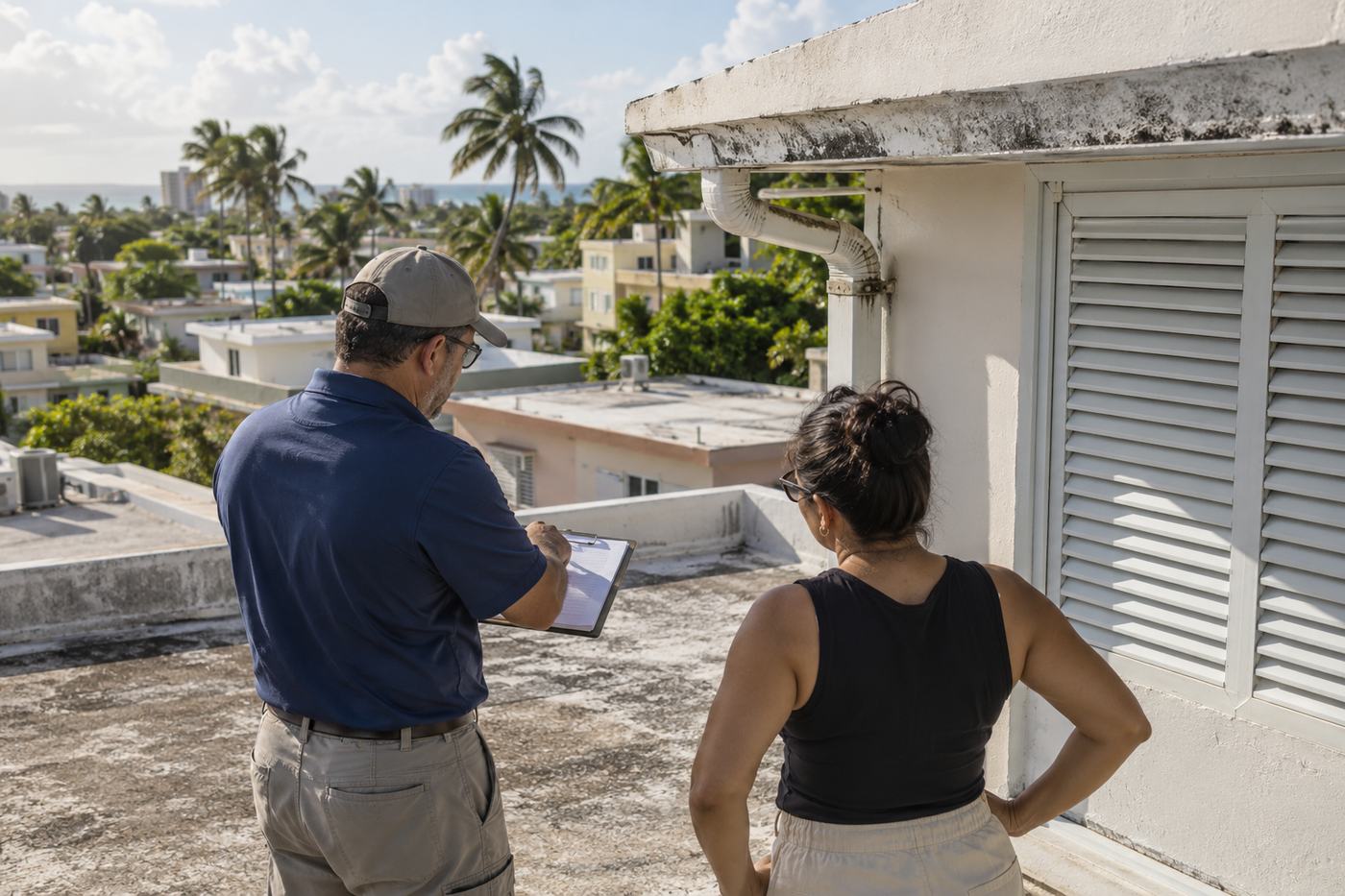 AI-generated home inspection illustration inspired by flat-roofed residences in Carolina, Puerto Rico.