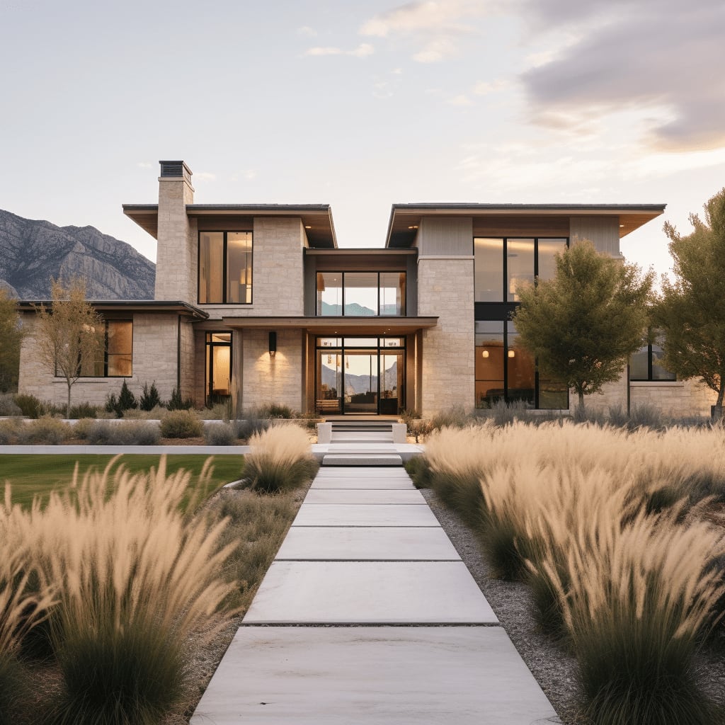 Contemporary house with stone facade, large windows, and landscaped pathway leading to the entrance.