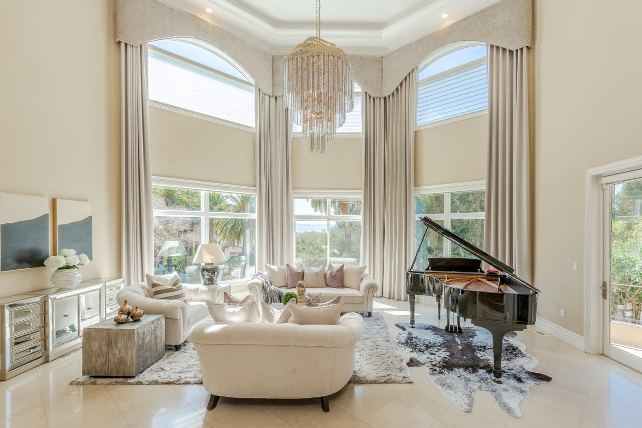 high ceiling with chandelier