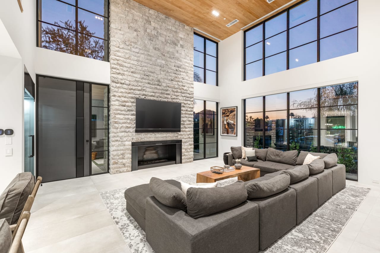 Open concept living room in luxury modern home in Old Town Scottsdale