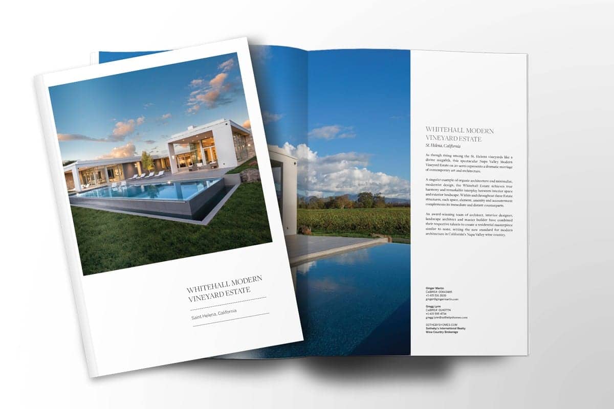 Whitehall Modern Vineyard Estate brochure featuring a modern home, swimming pool, and vineyard landscape.