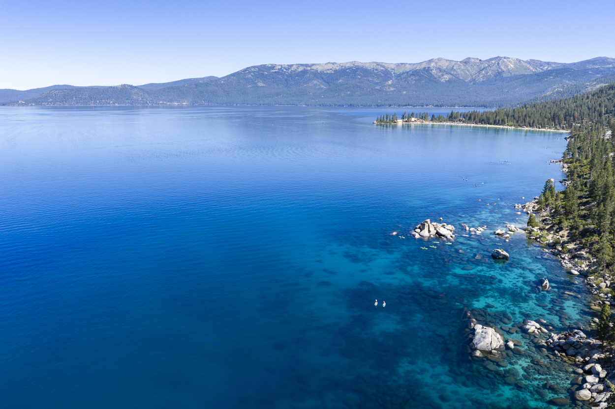Broad east shore drone view of Lake Tahoe