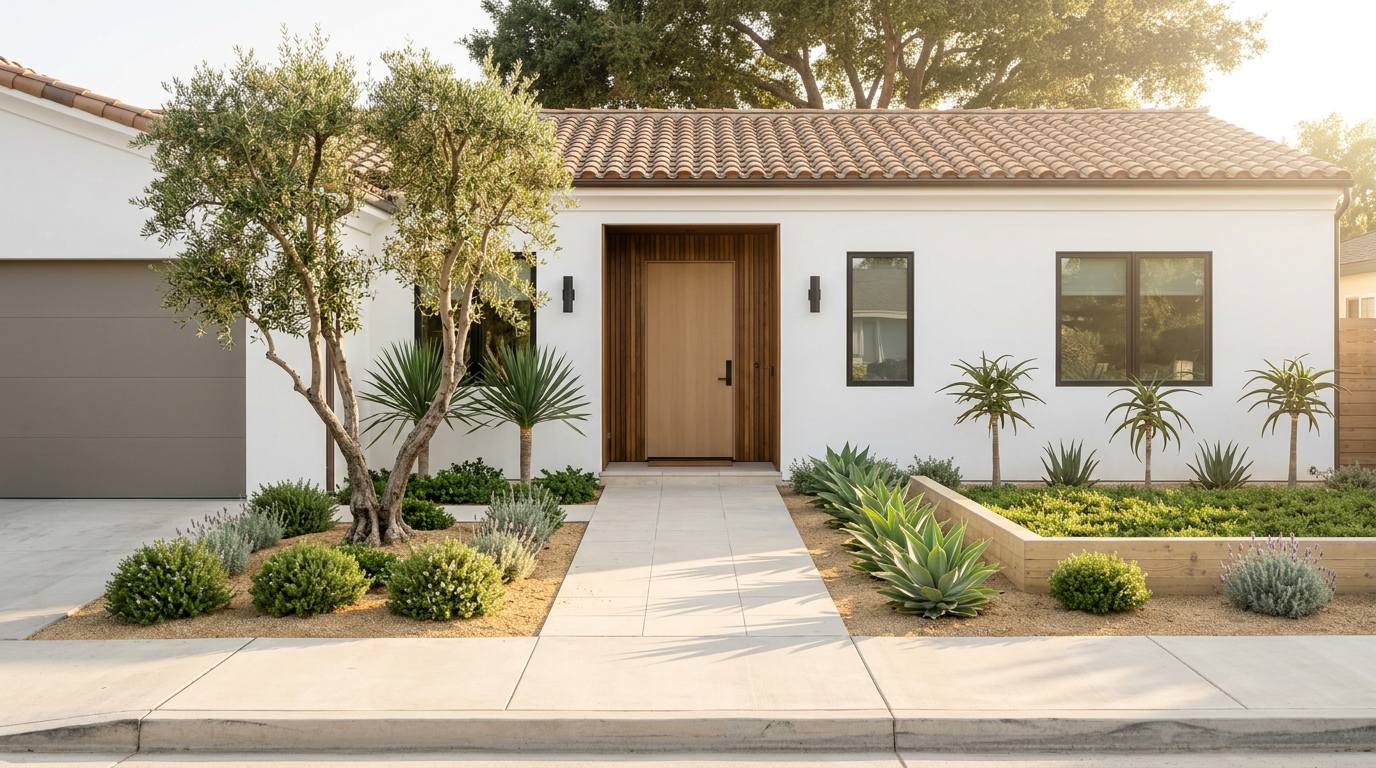 Single-story house with desert landscaping and covered entryway