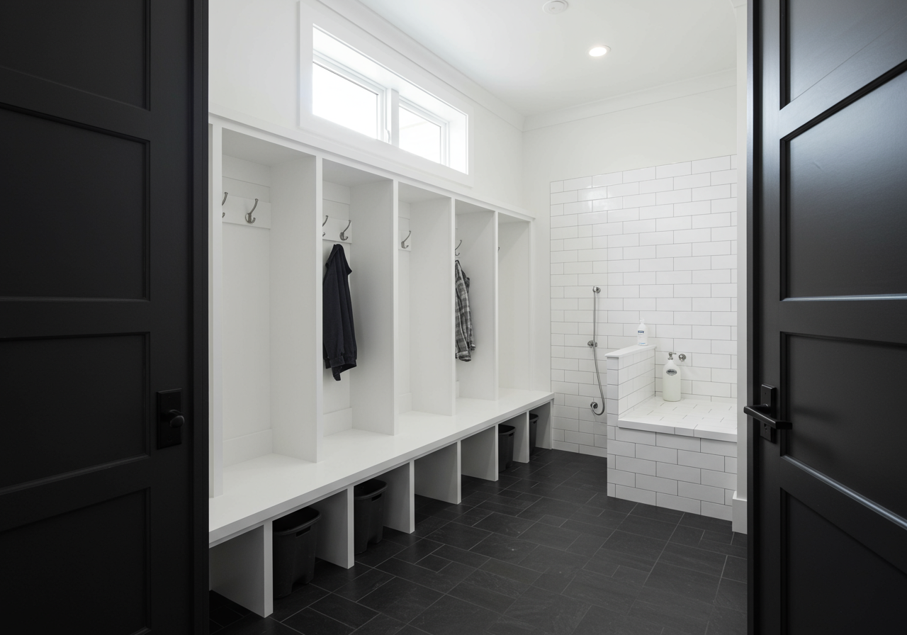 Mudroom with built-in cubbies and bench beside a white tiled dog-washing station.