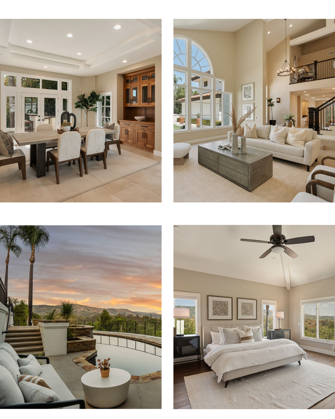 Staged home interiors and poolside patio, including a bright living room and bedroom with hill views.