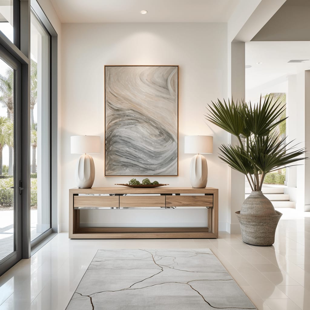 A hallway with a wooden console table, a potted palm tree, and a large painting hanging on the wall.