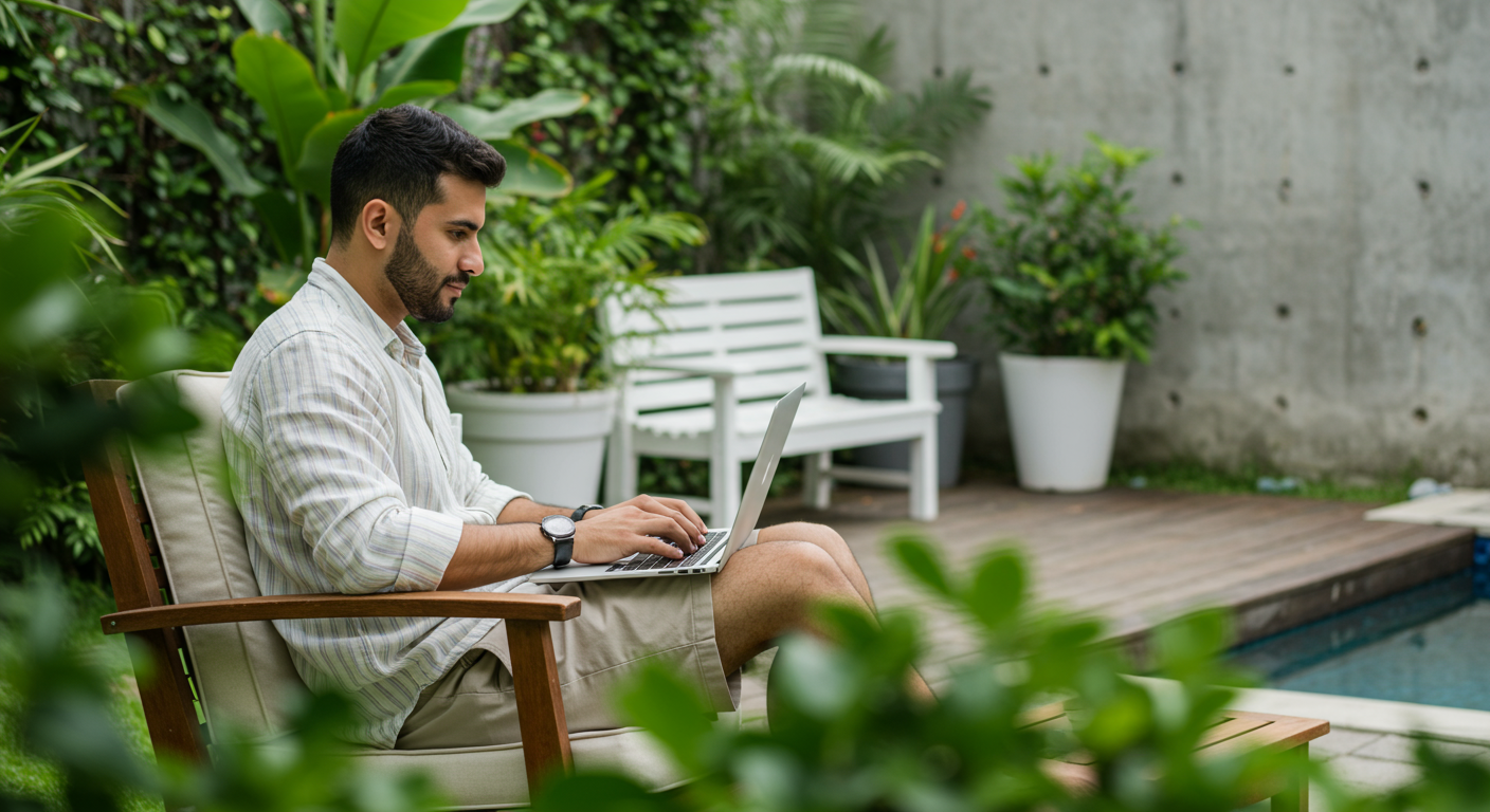Serious remote worker with hands together working with lapto