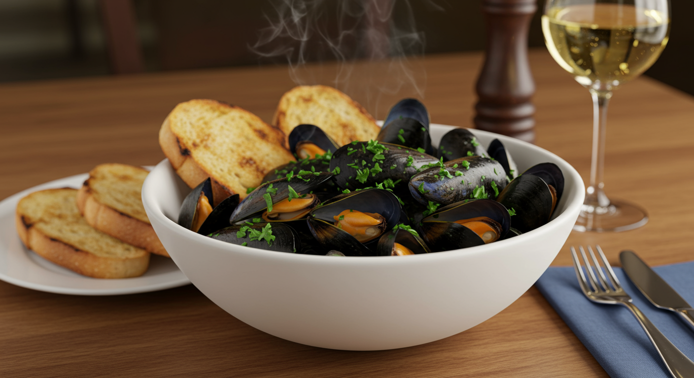 A white bowl of cooked mussels