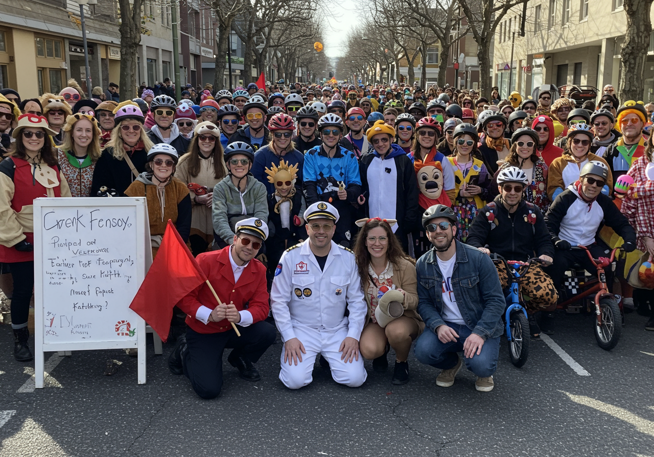 Event organizer Frog Gilmore, center with bullhorn, poses with participants at the starting line of this year's Bring Your Own Big Wheel event on Vermont and 20th streets, in San Francisco.
