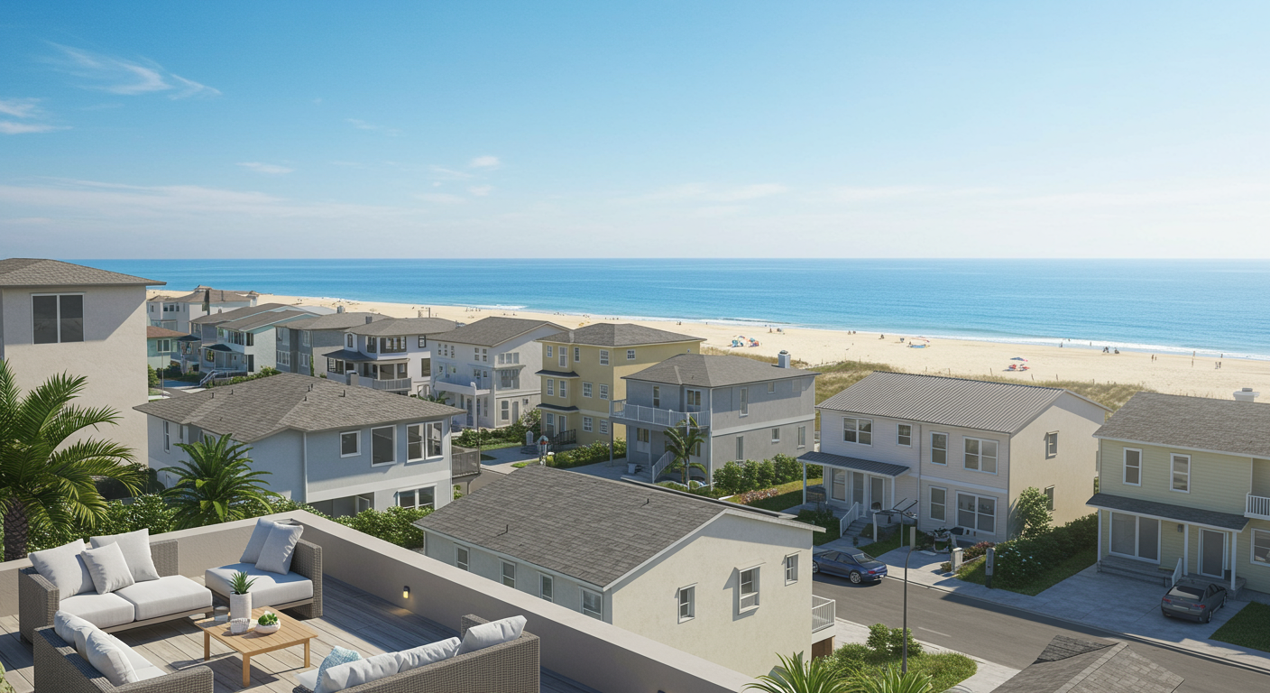 Birds eye view of Newport Beach house with rooftop patio