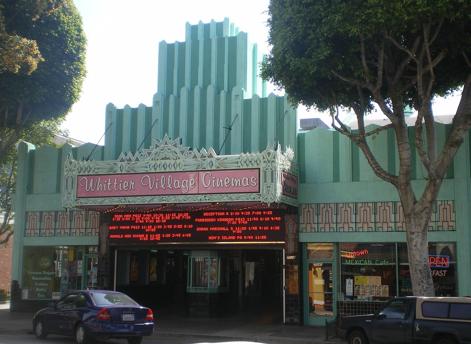 Art Deco facade of Whittier Village Cinemas on Greenleaf Avenue