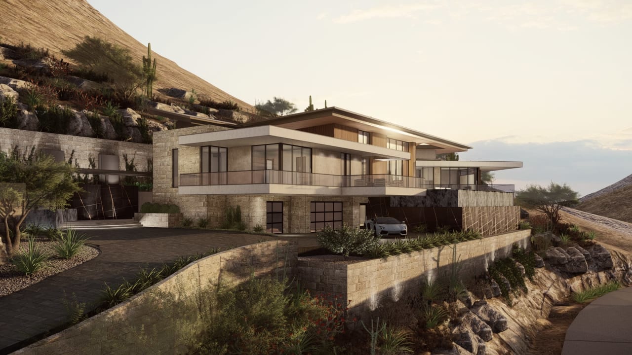 Modern home made of wood, concrete and glass on hillside lot