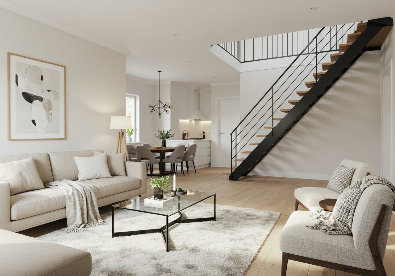 Open-plan living room with a beige sofa, glass coffee table, and black staircase beside the dining area.