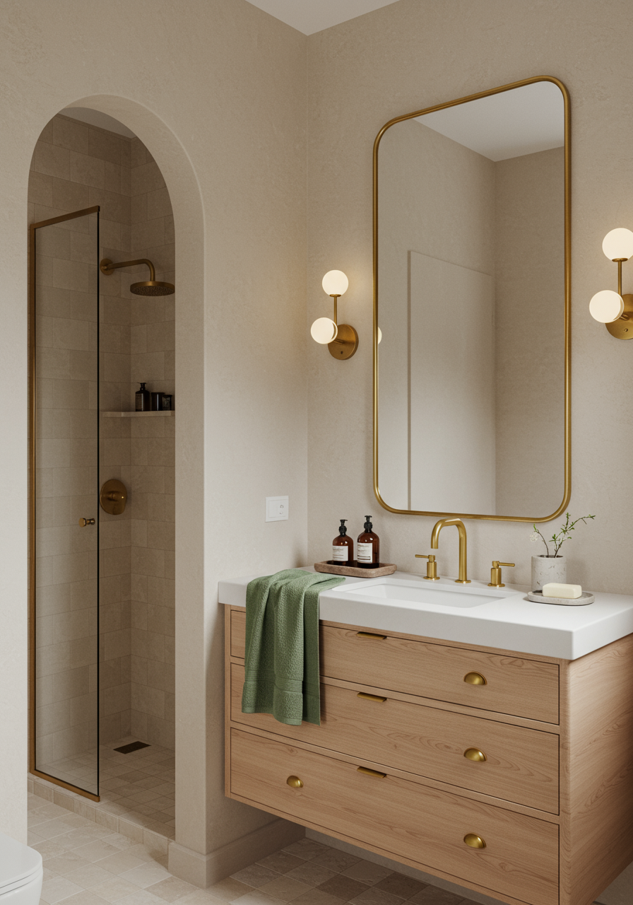 bathroom with arched shower