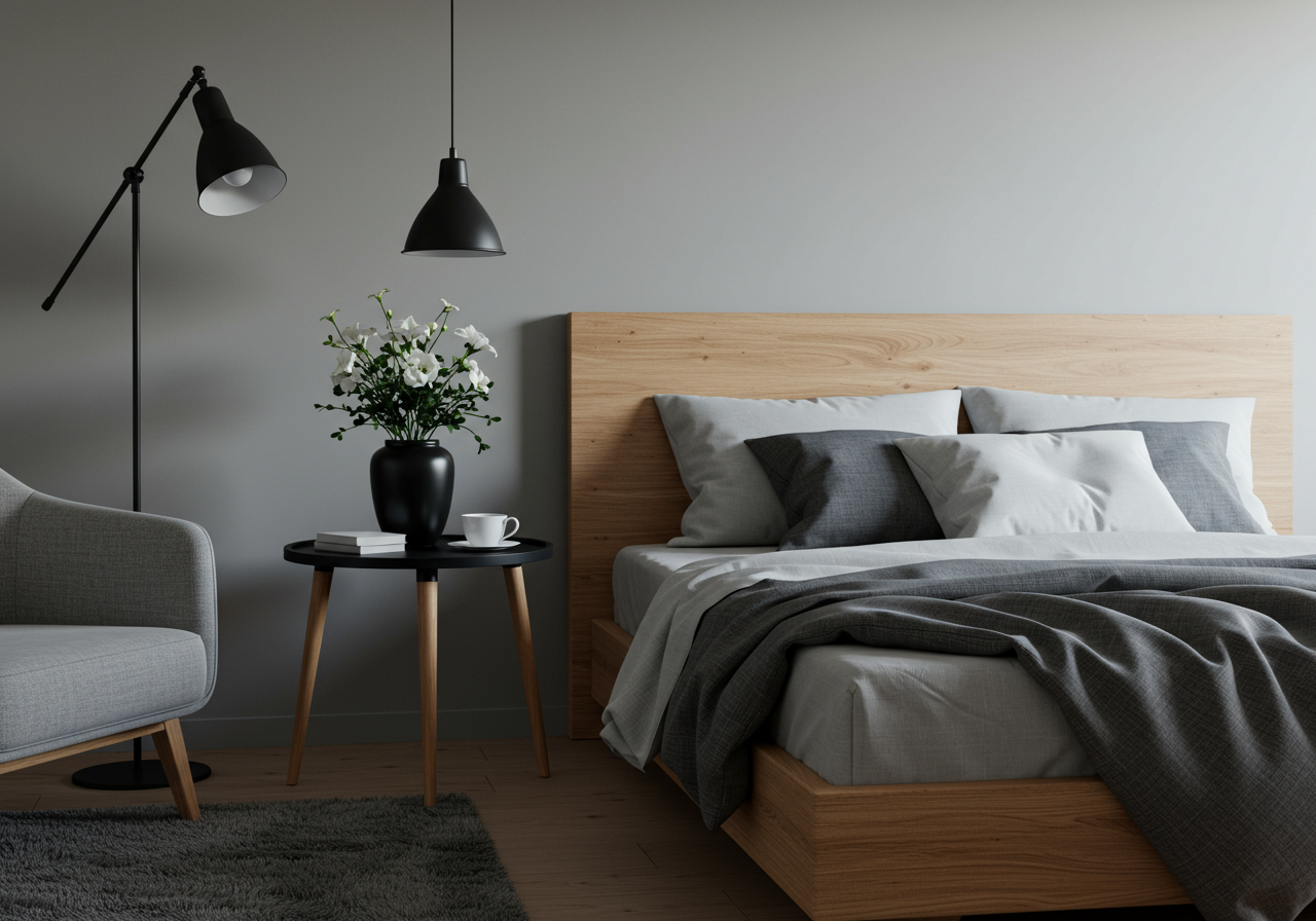 Bedroom with gray walls and decor