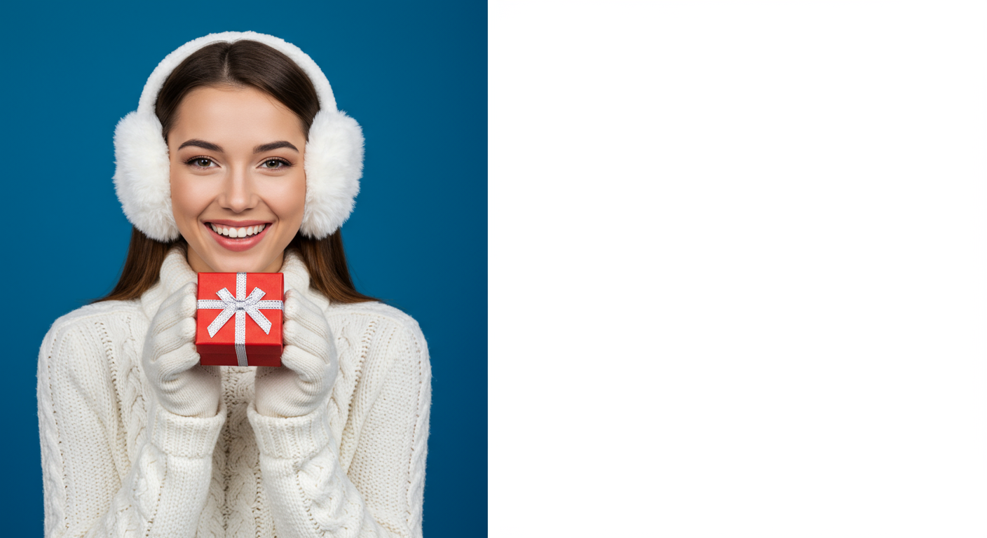 Smiling woman in white knitwear and earmuffs holding a red gift box.