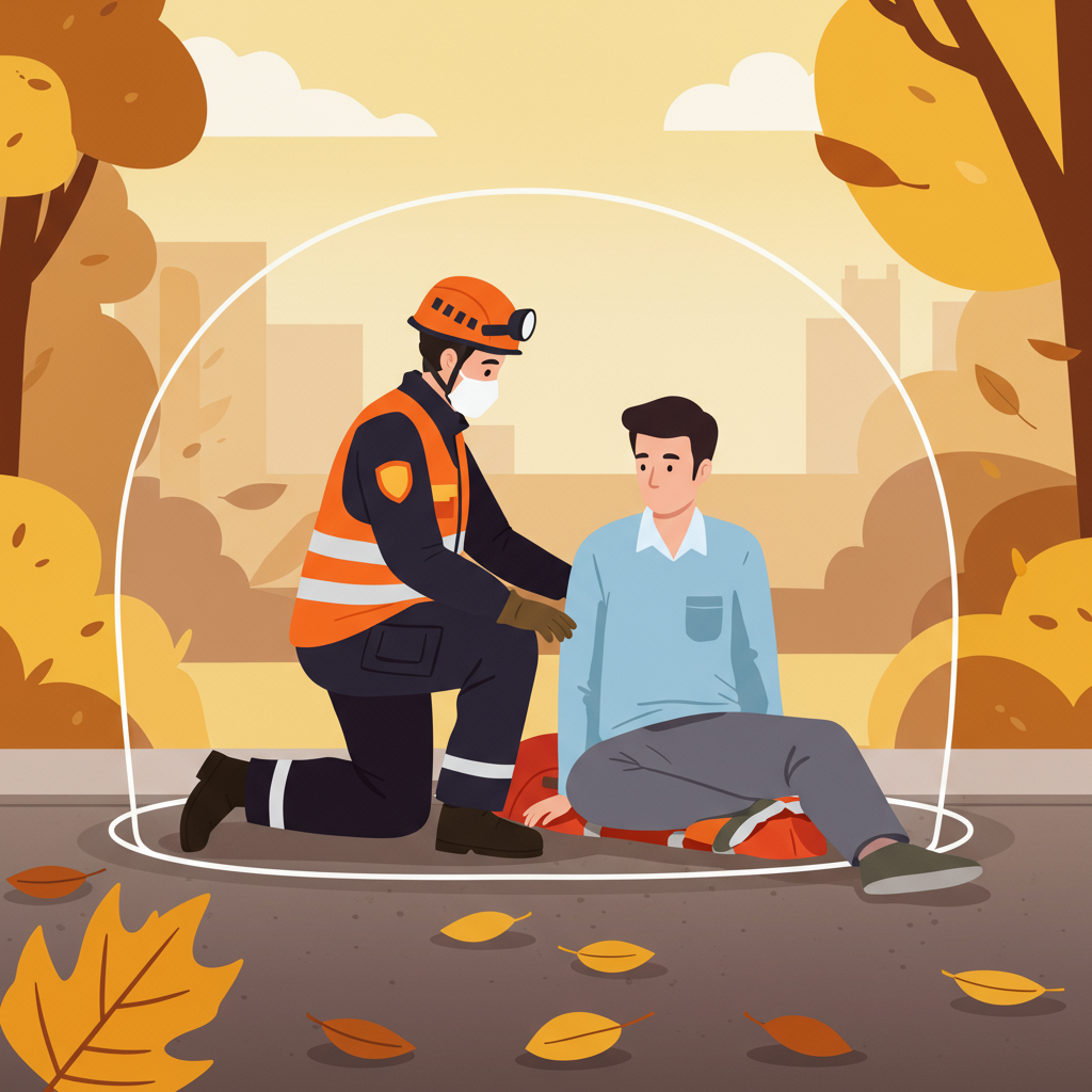 An emergency responder kneels beside an injured man on a leaf-strewn sidewalk.